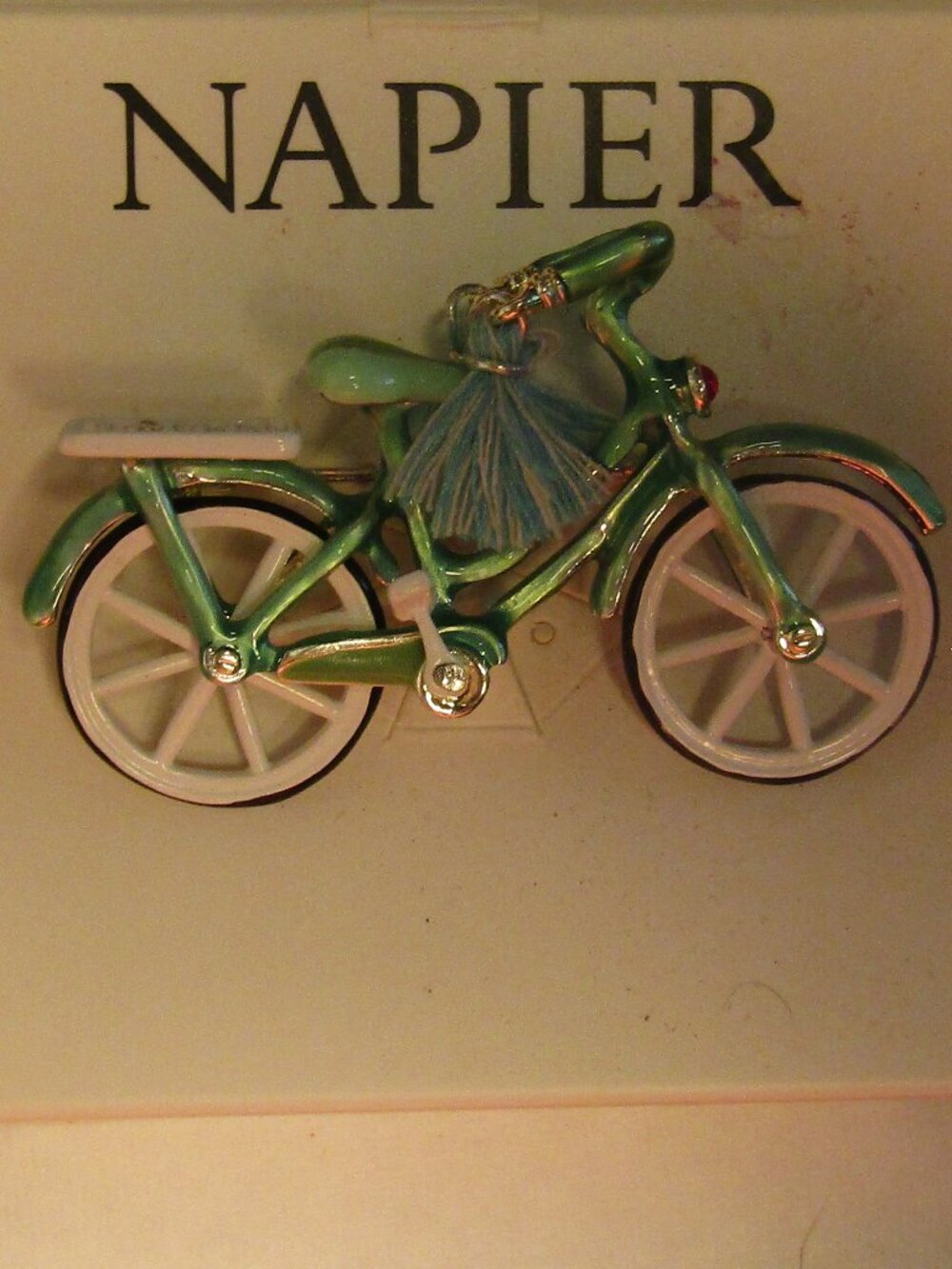 NAPIER NEW ON CARD Turquoise Colored BICYCLE LARGE PIN BROOCH Fringed Handlebars